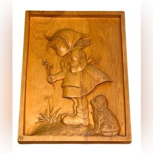 Vintage Wooden hand Carved Wall Art  Girl and Cat wood Hummel Inspired Signed